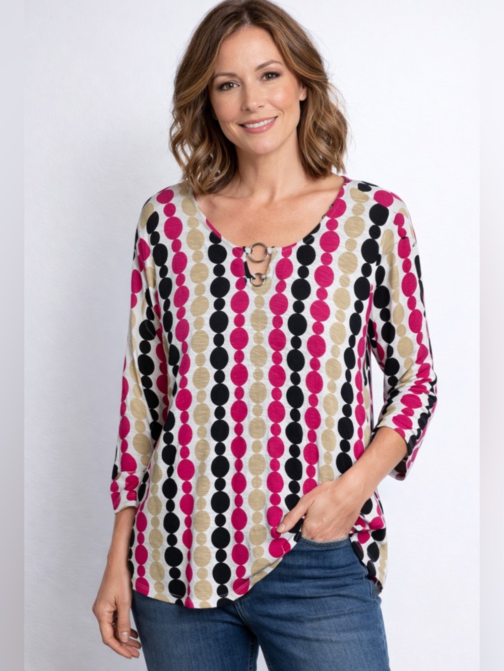 NWT Ruby Rd Color Pop O-Ring Dotted Stripe Top XL Bold Retro Casual Workwear
